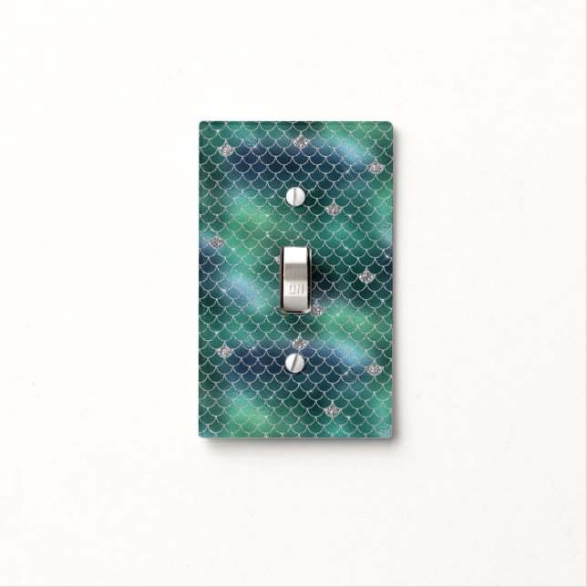 Mermaid Silver Teal Ocean Glitz Light Switch Cover (In Situ)