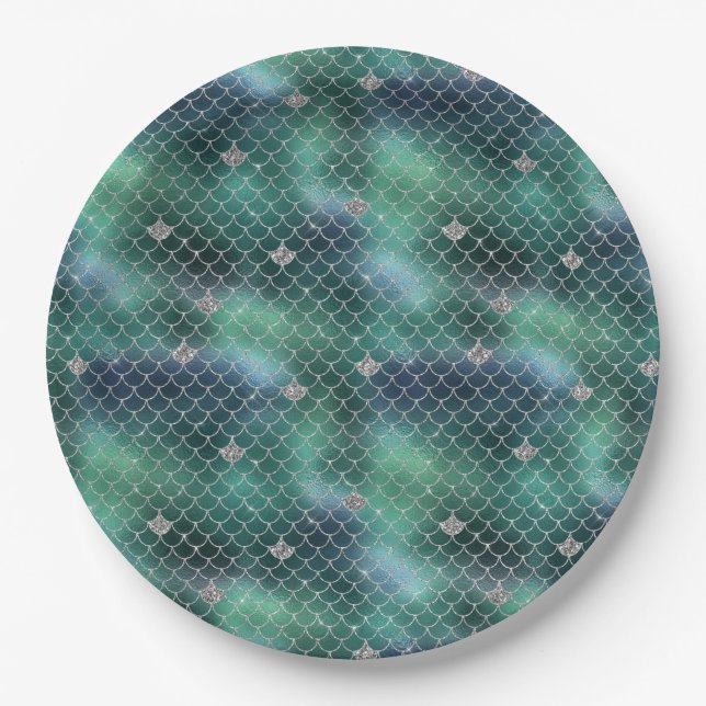 Mermaid Silver Teal Ocean Glitz Paper Plates (Front)