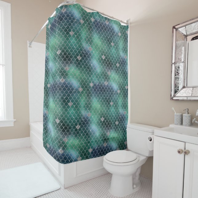 Mermaid Silver Teal Ocean Glitz Shower Curtain (In Situ)