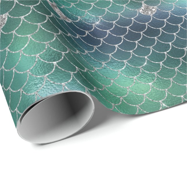 Mermaid Silver Teal Ocean Glitz Wrapping Paper (Roll Corner)