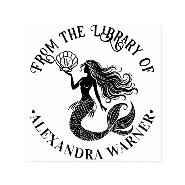 Mermaid Siren Silhouette Library Book Name Initial Self-inking Stamp (Design)