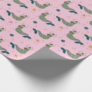 Mermaid Siren Theme Illustration Print Pink  Wrapping Paper