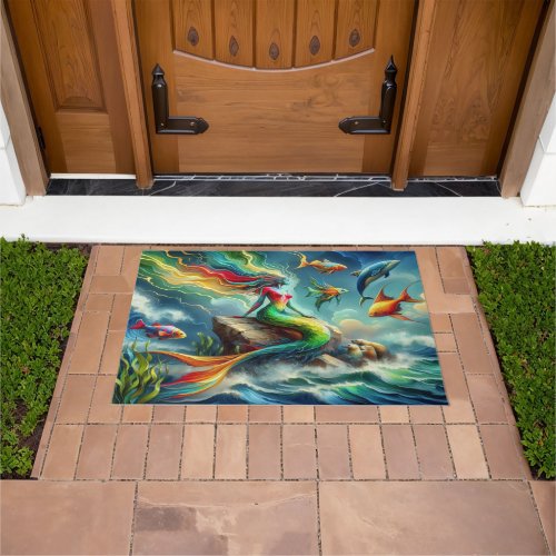 Mermaid Sits on Rock Surrounded by Whimsical 36x24 Doormat