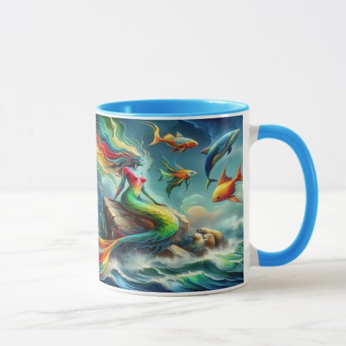 Mermaid Sits on Rock Surrounded by Whimsical 36x24 Mug
