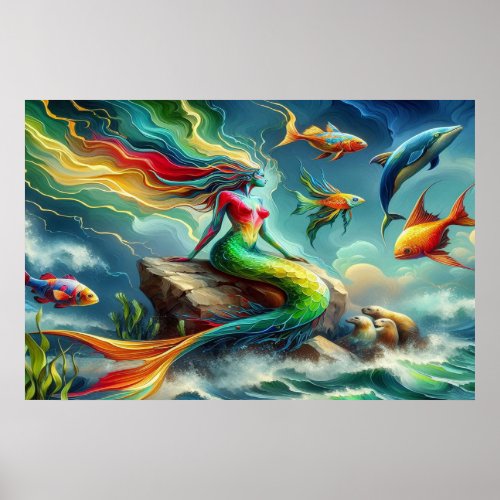 Mermaid Sits on Rock Surrounded by Whimsical 36x24 Poster