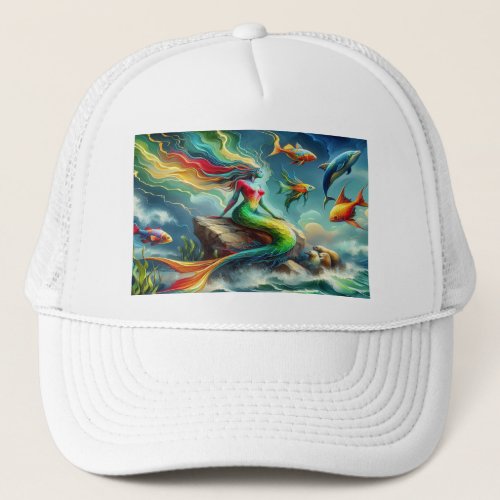 Mermaid Sits on Rock Surrounded by Whimsical 36x24 Trucker Hat