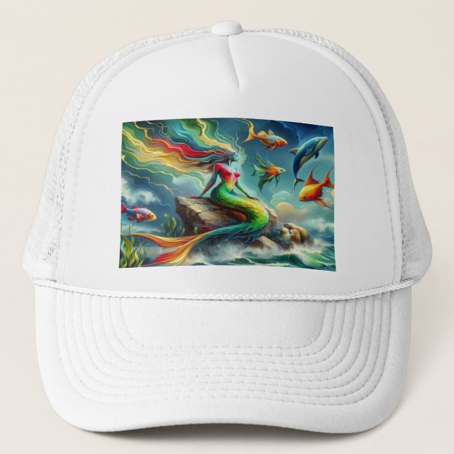 Mermaid Sits on Rock Surrounded by Whimsical 36x24 Trucker Hat (Front)