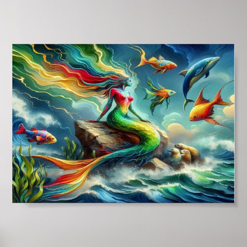 Mermaid Sits on Rock Surrounded by Whimsical 7x5 Poster