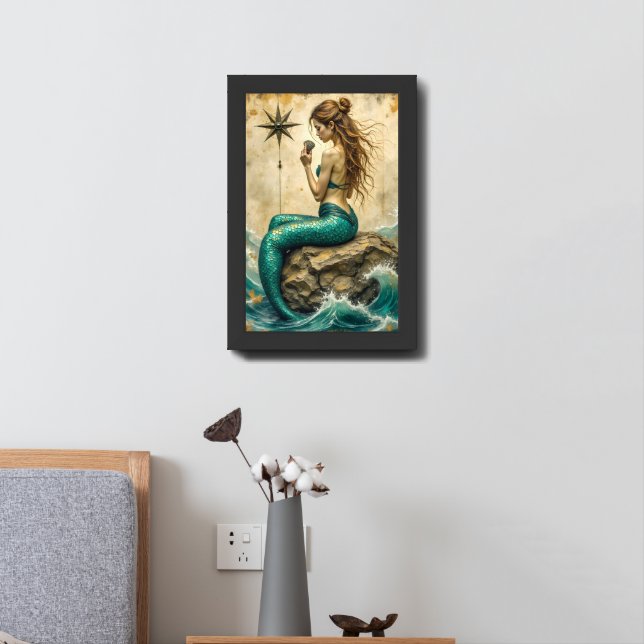 Mermaid Sitting On A Rock Framed Art (Bedside)