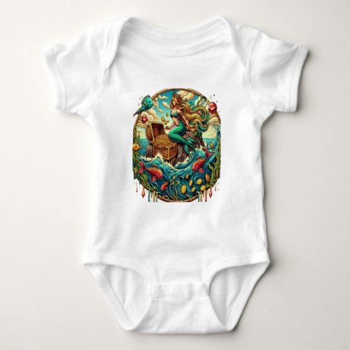 Mermaid sitting on a rock with a open treasured  baby bodysuit