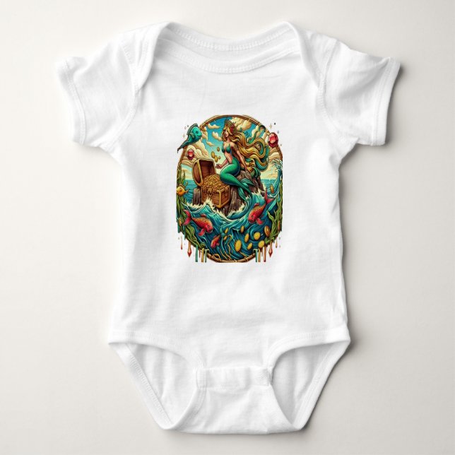 Mermaid sitting on a rock with a open treasured  baby bodysuit (Front)