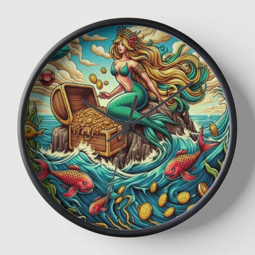 Mermaid sitting on a rock with a open treasured  clock