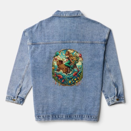 Mermaid sitting on a rock with a open treasured  denim jacket