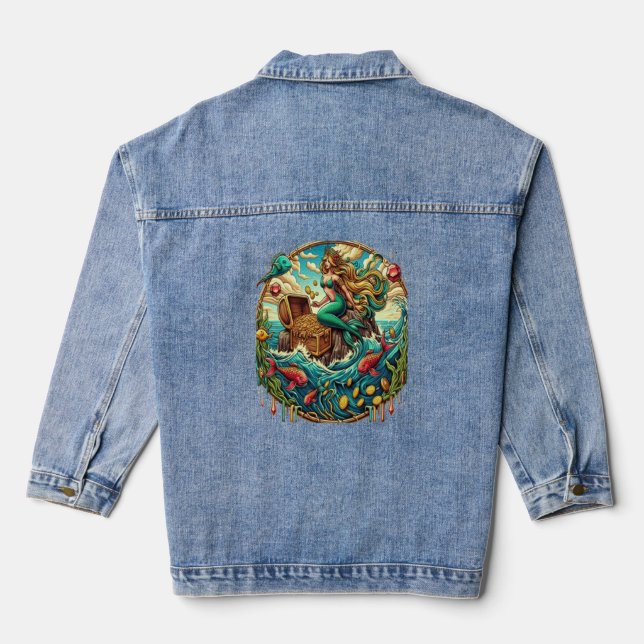 Mermaid sitting on a rock with a open treasured  denim jacket (Back)