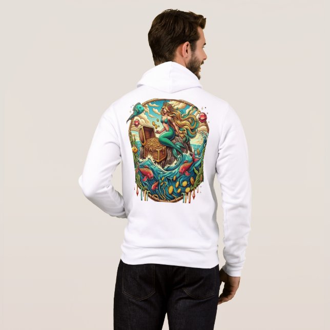 Mermaid sitting on a rock with a open treasured  hoodie (Back Full)
