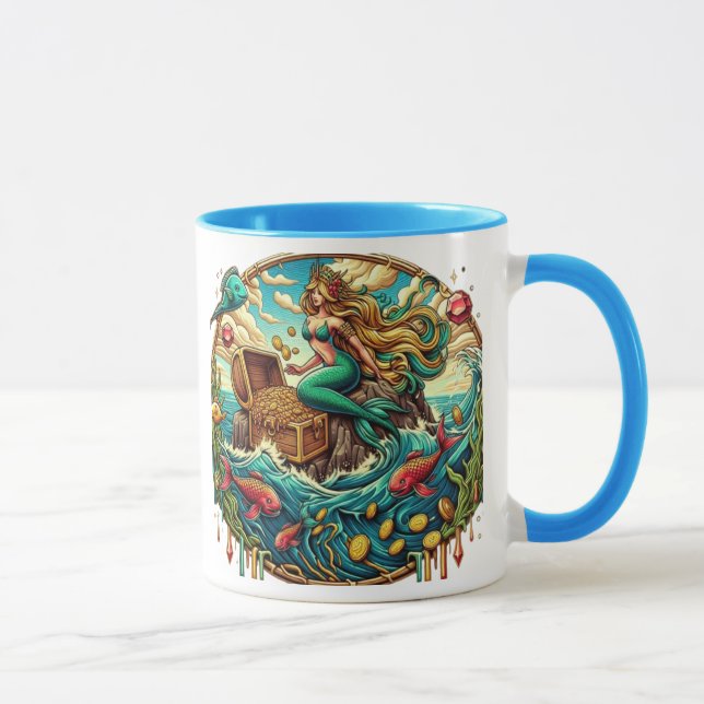 Mermaid sitting on a rock with a open treasured  mug (Right)