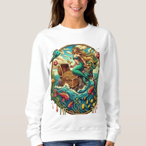 Mermaid sitting on a rock with a open treasured  sweatshirt