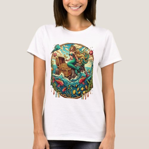 Mermaid sitting on a rock with a open treasured  T_Shirt