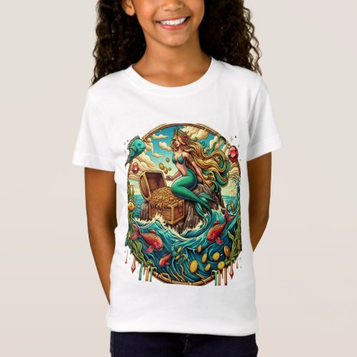 Mermaid sitting on a rock with a open treasured  T_Shirt