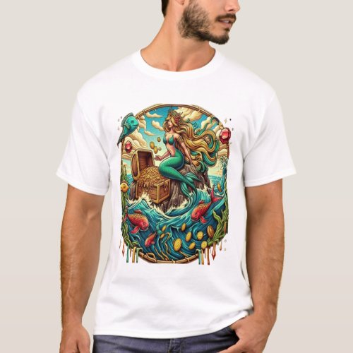 Mermaid sitting on a rock with a open treasured  T_Shirt