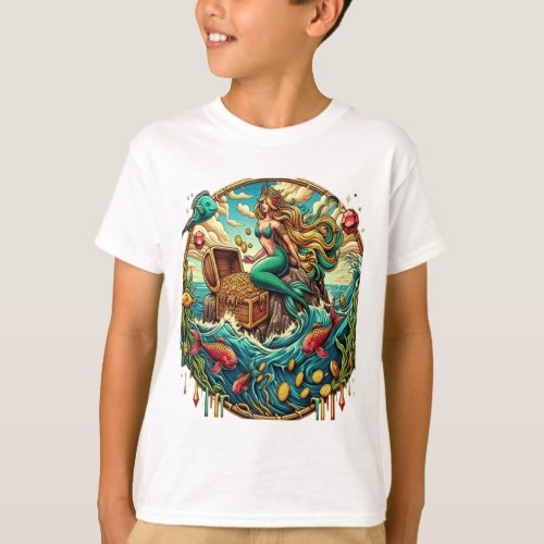 Mermaid sitting on a rock with a open treasured  T_Shirt