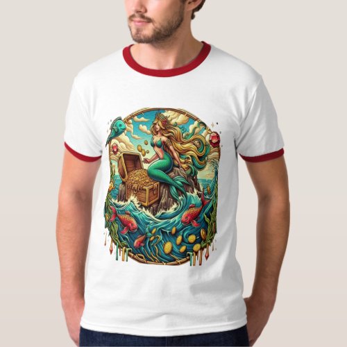 Mermaid sitting on a rock with a open treasured  T_Shirt