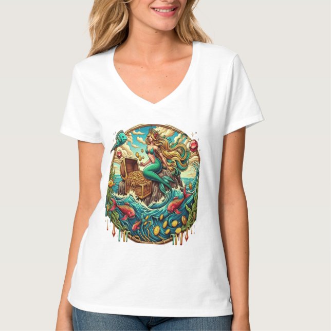 Mermaid sitting on a rock with a open treasured  T-Shirt (Front)