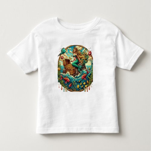 Mermaid sitting on a rock with a open treasured  toddler t_shirt