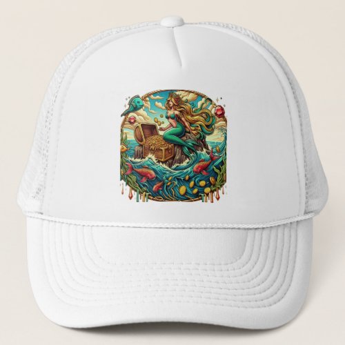 Mermaid sitting on a rock with a open treasured  trucker hat