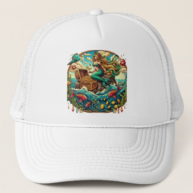 Mermaid sitting on a rock with a open treasured  trucker hat (Front)