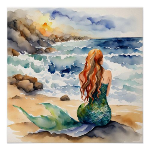 Mermaid Sitting On the Beach  Poster