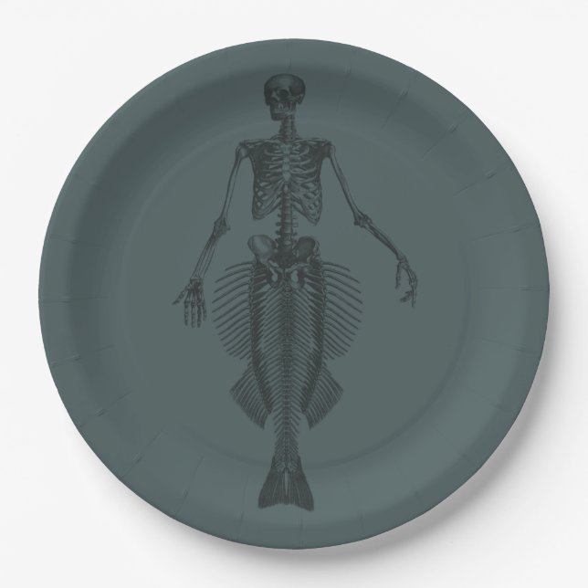 Mermaid Skeleton Dark Halloween Paper Plates (Front)
