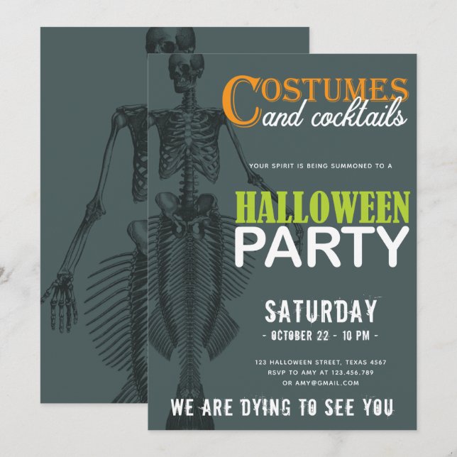 Mermaid Skeleton Modern Halloween Party Invitation (Front/Back)