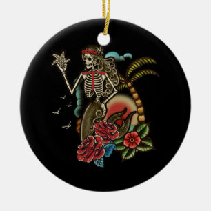 Mermaid Skeleton Traditional Tattoo Old School Hal Ceramic Ornament