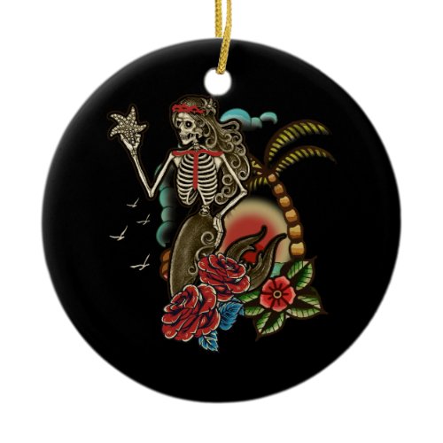 Mermaid Skeleton Traditional Tattoo Old School Hal Ceramic Ornament