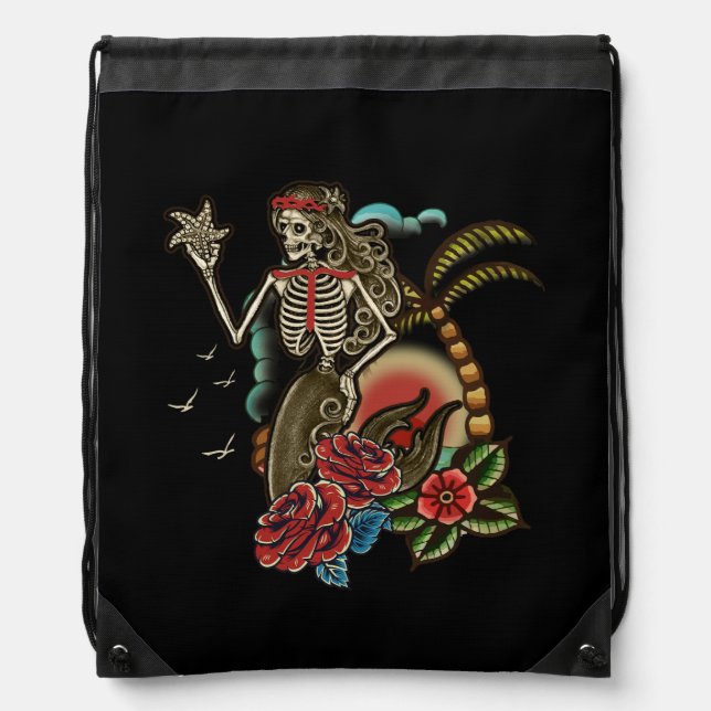 Mermaid Skeleton Traditional Tattoo Old School Hal Drawstring Bag (Front)