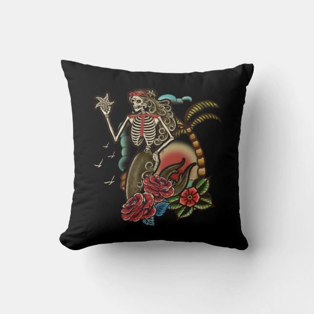 Mermaid Skeleton Traditional Tattoo Old School Hal Throw Pillow (Front)