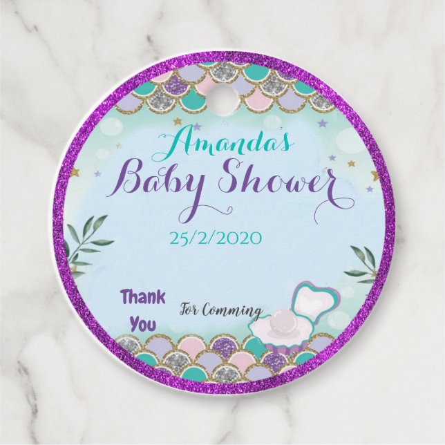 mermaid skin baby shower circular  favor tag (Front)