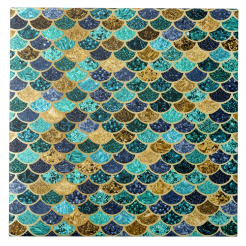 Mermaid Skin Fish Scales Gold Teal Turquoise Ceramic Tile