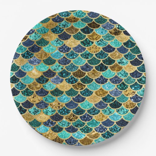 Mermaid Skin Fish Scales Gold Teal Turquoise Paper Plates