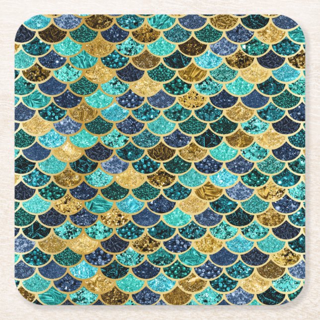 Mermaid Skin Fish Scales Gold Teal Turquoise Square Paper Coaster (Front)