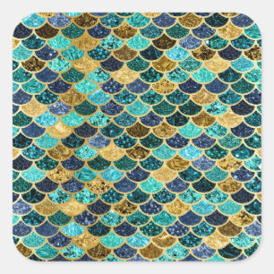 Mermaid Skin Fish Scales Gold Teal Turquoise Square Sticker