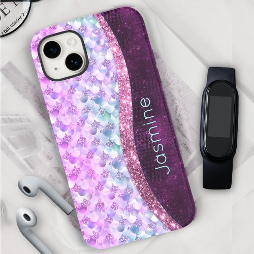 Mermaid skin pink silver faux glitter monogram Cas iPhone 15 Case