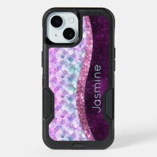 Mermaid skin pink silver faux glitter monogram Cas iPhone 15 Case