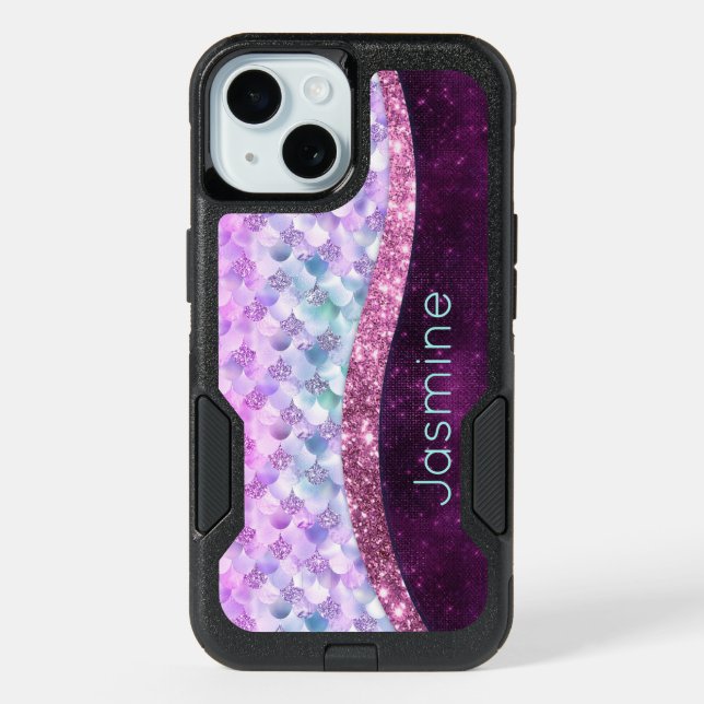 Mermaid skin pink silver faux glitter monogram Cas iPhone 15 Case (Back)