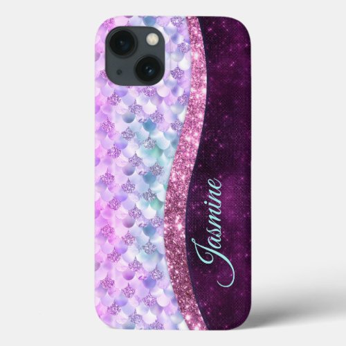 Mermaid skin pink silver faux glitter monogram iPhone 13 case