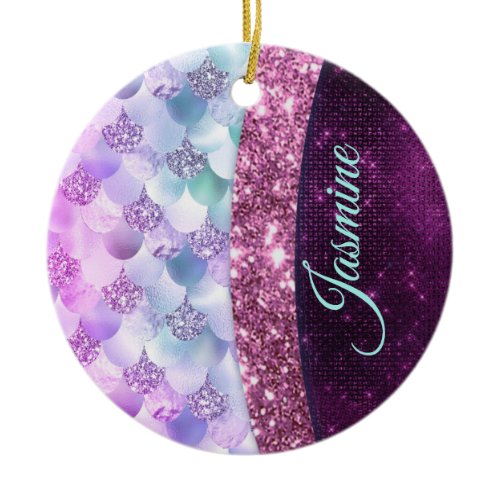Mermaid skin pink silver faux glitter monogram ceramic ornament