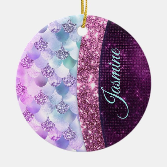 Mermaid skin pink silver faux glitter monogram ceramic ornament (Front)