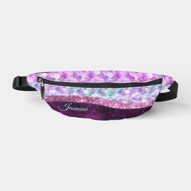 Mermaid skin pink silver faux glitter monogram duf fanny pack (Front)