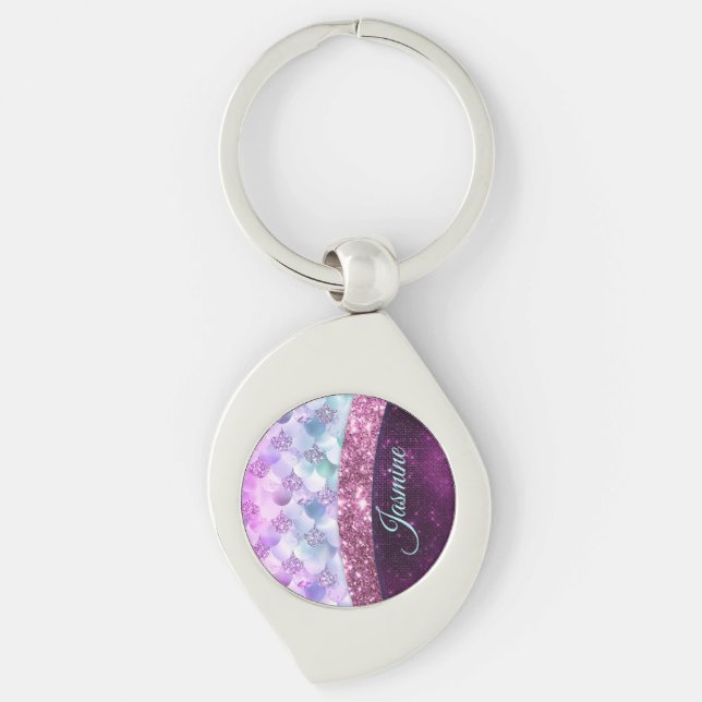 Mermaid skin pink silver faux glitter monogram key keychain (Front)